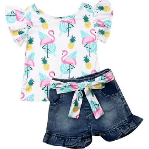 Toddler Baby Girl Clothes Set 2019 Summer Kid Outfit Fly Sleeve Top+Denim Shorts 2pcs Flamingo Watermelon Children Clothing Set