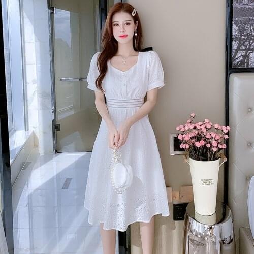 2021 New Fashion Sweet White Summer Dress Womens Slim Short Sleeve Temperament Cotton Embroidery Party Dress