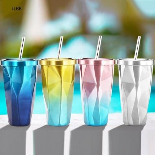 500ml Water Bottle Cup Irregular Double-layer Stainless Steel Cup Big Travel Beach Rainbow Ice Wine Glass with Lid Straw Bottle