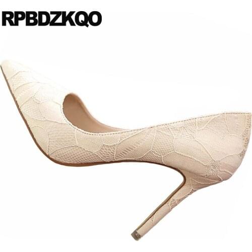 Beige pointed toe 3 inch chic medium heels pumps high size 4 34 party shoes for women 2019 stiletto scarpin lace dress prom mesh