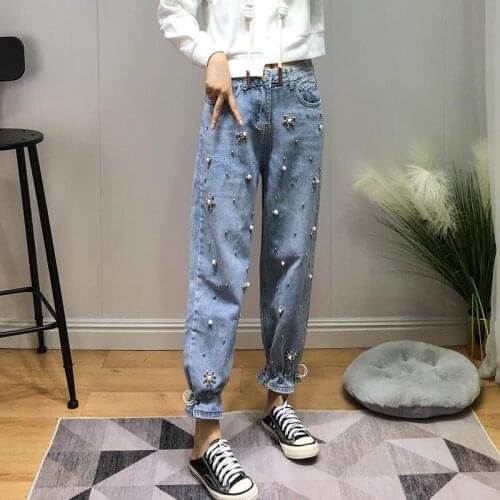 Harem Pants 2021 Spring and Summer New Casual Beaded Jeans Womens Loose and Thin High-waisted Leggings Feet Hip-hop Pants