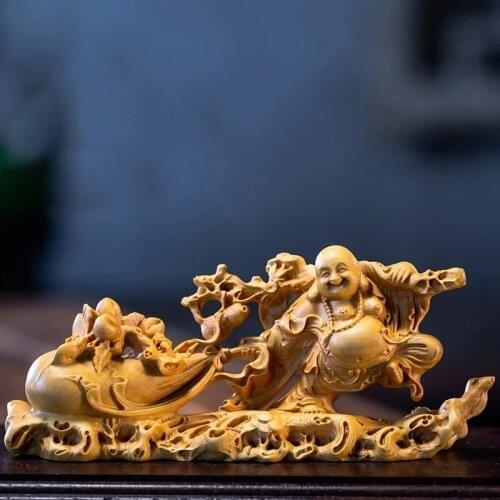 Boxwood 12 14 16cm Maitreya Sculpture Wood Buddha Statue Collection Laughing Buddha Blessing Home Decor