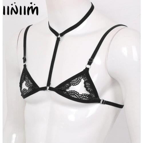 Mens Male Adult Erotic Lingerie Sissy Bras Tanks Sheer Lace Lingerie Clubwear Wire-free Unlined Mini micro Open Hole Bra Tops