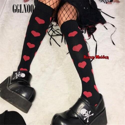GGLNOO Streetwear Women Harajuku Punk Black Red Polka Dot / Love Heart Slim Cotton Long Socks Gothic Lolita