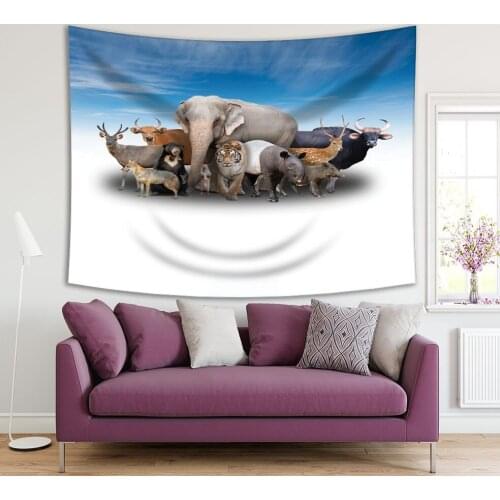 Tapestry Elephant Tiger Deer Pig Bear Animals under Sky Wild Nature Theme Photo Blue Beige