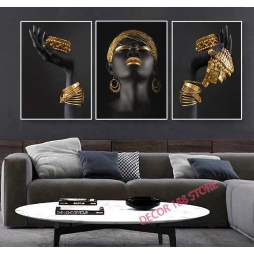 African woman wall art painting art posters and prints big black woman holding gold jewelry canvas picture home decor