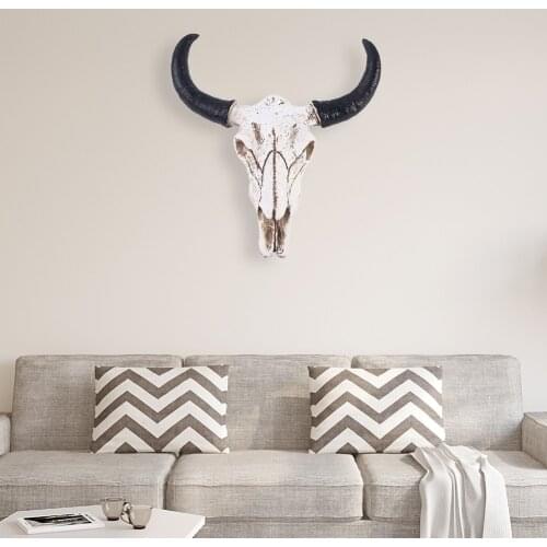 Resin Longhorn Cow Skull Head Wall Hanging Decorations Ornaments 3D Animal Wildlife Horns Sculpture Figurines Crafts Home Decor