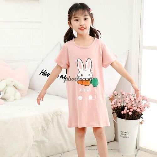 Summer Girl Nightgown Cartoon Rabbit Pajamas Dress for Kids Round Neck Teenager Night Dress Comfortable Soft Baby Nightdress