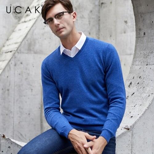 UCAK Brand Sweater Men Classic V-Neck Pull Homme Pure Merino Wool Pullover Men Autumn Winter Thick Warm Cashmere Sweaters U3014