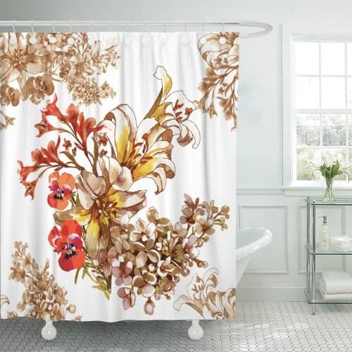 Orange Lily Lilac and Pansies Pattern Watercolor on White Bathroom Curtain Waterproof Polyester Fabric 60 x 72 inches Set