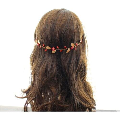 Elegant Alloy Red Rhinestone Bridal Headdress Exquisite Leaf Gift Hair Hoop for Wedding Perform Studio Travel Photo Prop MY008