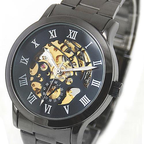 Luxury Mens Roman Numerals Tungsten Steel Mechanical Skeleton Wrist Watch Mas-culino Fashion Mens Watch Large Dial Militarys