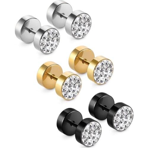 Stainless Steel Barbell Earrings Punk Anti Allergy Round Piercing Stud Earring for Men Czech Crystals Ear Plug Jewelry