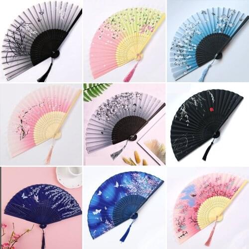 Chinese Style Folding Fans Black Vintage Bamboo Shank Tassel Hand Fans Chinese Classical Dance Party Female Man