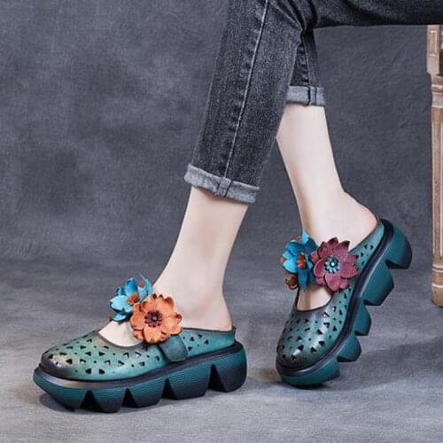 Women Slippers Summer Shoes Female Genuine Leather Floral Outside Slides 2021 New Handmade Wedges Leisure Ladies Slippers Mujer