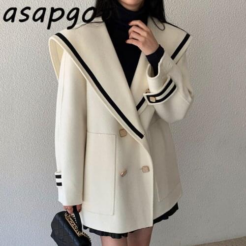 Quilted Coats Coats & Jackets Wool & Blends Contrast Sailor Collar Woolen Coat Women Double Breasted Loose Big Pockets Full