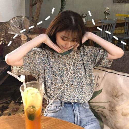 Girl Girl Retro Loose Floral Print Tees Round Neck Short-sleeved Women Fashion Trend Tops