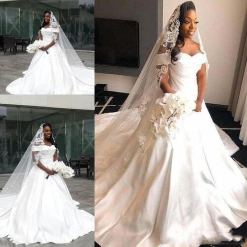 South African Off the Shoulder Plus Size Wedding Dresses 2021 Court Train Satin A Line Wedding Bridal Gowns