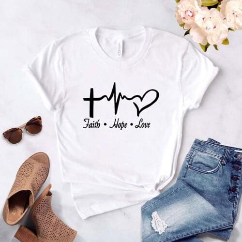 Female T-shirt O-neck Short Sleeve Tshirt Faith Hope Love Electrocardiogram Printed Summer T-shirt Women