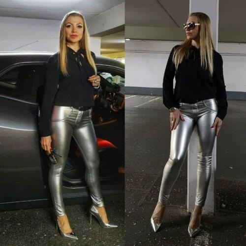 Melody Tall Faux Leather Pants Silver Leather Trousers Warm Fleece Leggings Bum lift Push Up Shaping Women Pants Full Length