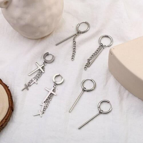 Baroque Style Silver Plated Buckle On Dangle Earrings Stick Chain Cross Tassel Drop Earrings for Women