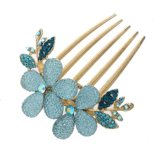 Womens Floral Design Alloy Rhinestone Crystal Hair Clip Comb (Blue)