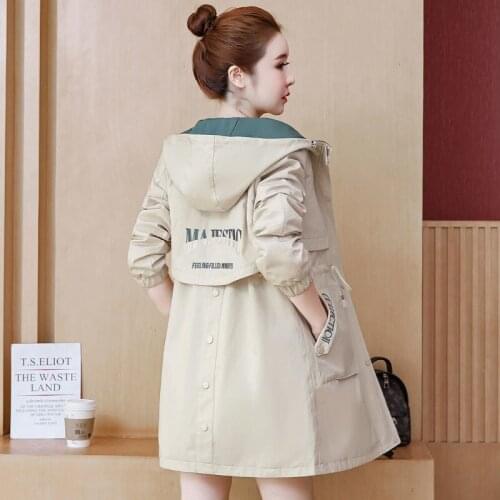 Korean Version Fashion Long Trench Coat Womens 2020 Spring Autumn Chic Loose Embroidery Hooded British Style Ladies Trench Coat