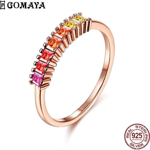 GOMAYA Rainbow S925 Sterling Silver Rings For Women Colorful Cubic Zirconia Rose Gold Plated Elegant Girl Gift Fine Jewelry