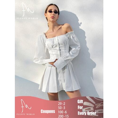 Women Shirts Dress Casual Long Puff Sleeve Square Collar High Waist Mini Dress Solid White Ruffle Short Chic Pleated Dresses