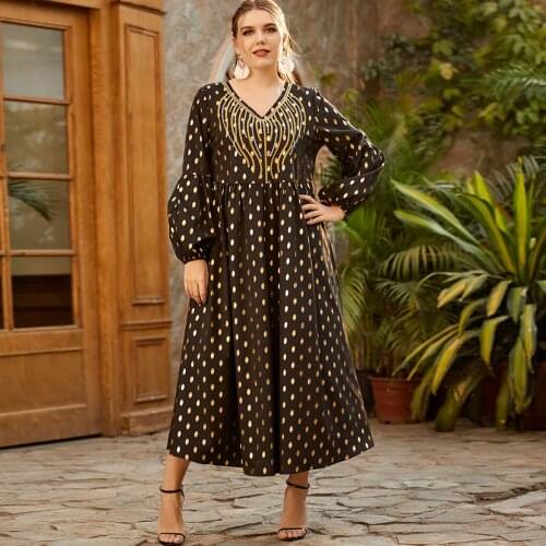 4XL Plus Size Abaya Dubai Muslim Dress Women 2021 Spring Embroidery V Neck Long Sleeve Dot Print Casual Dress Islamic Clothing