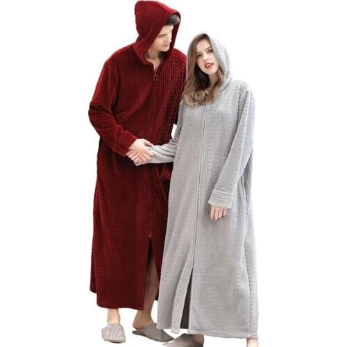 Couples Winter Plus Size Long Warm Flannel Bathrobe Bride Hooded Bath Robe Pregnant Zipper Night Dressing Gown Men Sleepwear
