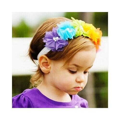 2016 New 1PC Cute Girl Flowers Headband Lace Pearl Hairband Elastic Turban Rainbow Headdress Tiara Hair Accessories