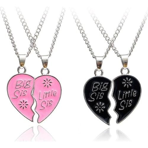 2PCS Alloy Pink BLack 2 Heart Puzzle Flower Heart Pendant Necklace Couple Sisters Jewelry Gifts For Girlfriends