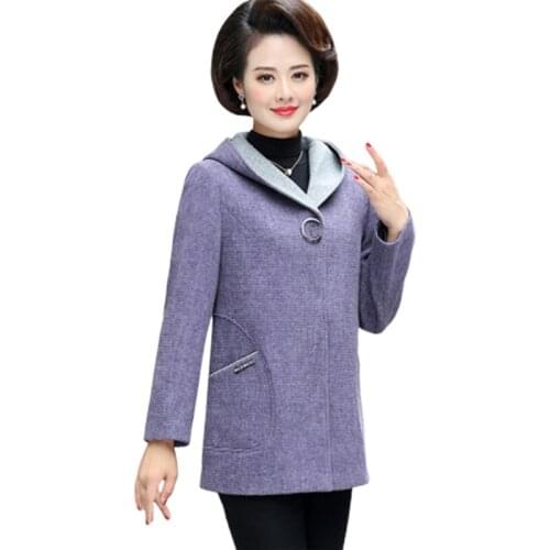 Plus size Middle-aged women Woolen coat New Autumn Winter Jacket Coats Noble Womens Wool coats Loose Hooded Overcoats 5XL F1124
