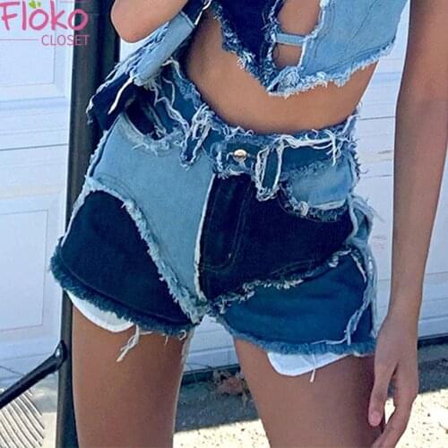 Flokocloset Contrast Color High Waist Denim Shorts Women 2021 Summer Streetwear Slim Tassel Short Pants Fashion Lady Bottoms