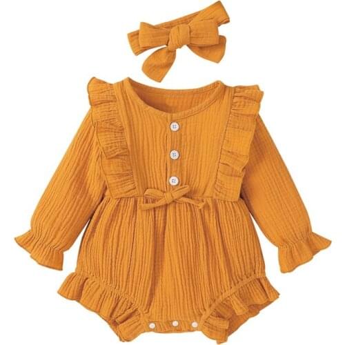 2021 Spring Summer Baby Girls Romper + Headband Cotton Linen Ruffles Long Sleeve Infant Rompers Newborn Clothes Outfits