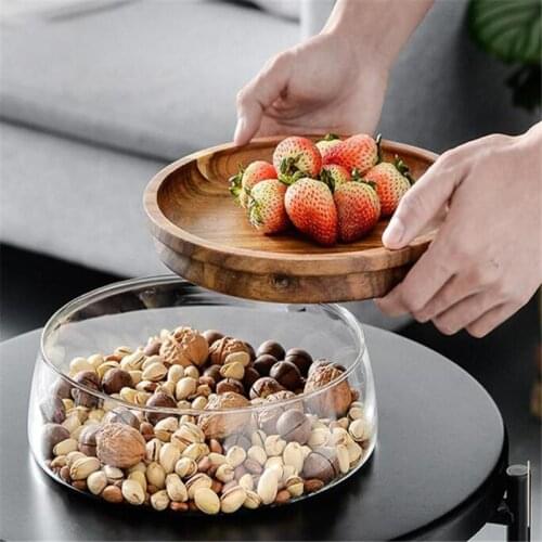 Food Container Wooden Lid Glass Nuts Dry Fruits Storage Box Double Layer Candy Storage Box