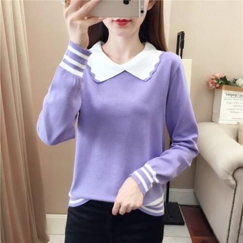 Short Spring Autumn Lapel Long-Sleeved Pullover Sweater Womens 2021 New Korean Fashion Loose Vintage All-match Knitting Female