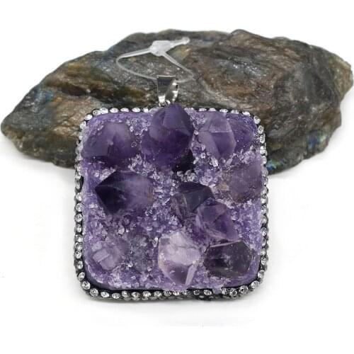Natural Stone Amethyst Pendant Square shape Crystal cluster Exquisite Charm for Jewelry Making DIY Necklace Earrings Accessories