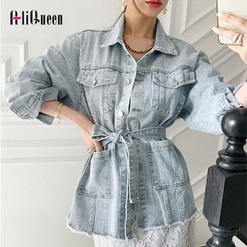 Korean Turn Down Collar Long Sleeve Denim Jacket Women Slim Waist Sashes Woman Jean Jackets Femme Spring Loose Coat Outerwear