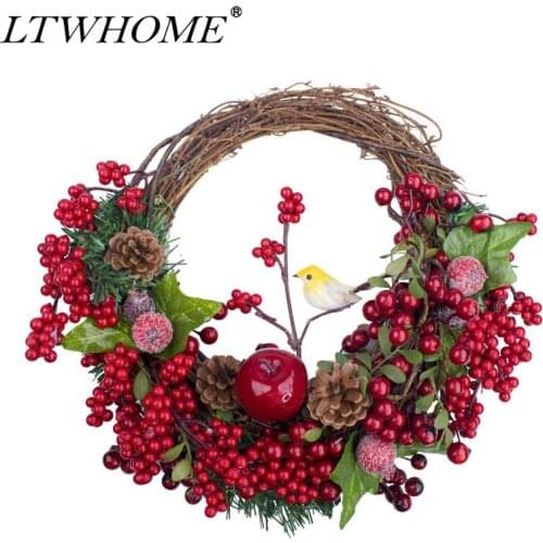 LTWHOME Artificial 12.5" x 11.5" Christmas Wreath with Berries, Cones and Bird, Model: CWB