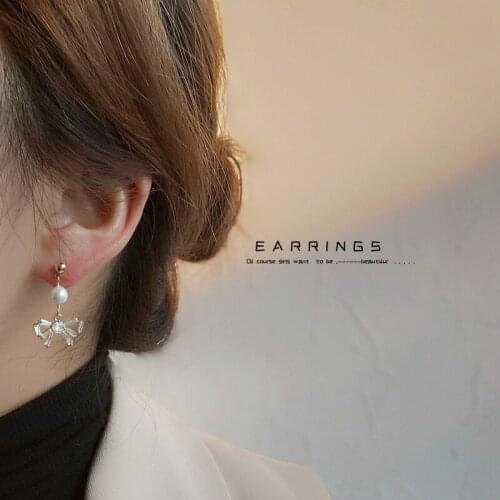 Gold Plated Natural Pearls Small Earrings Zircon Bowknot Drop Earring French Style Korean New Design Fashion Jewelry