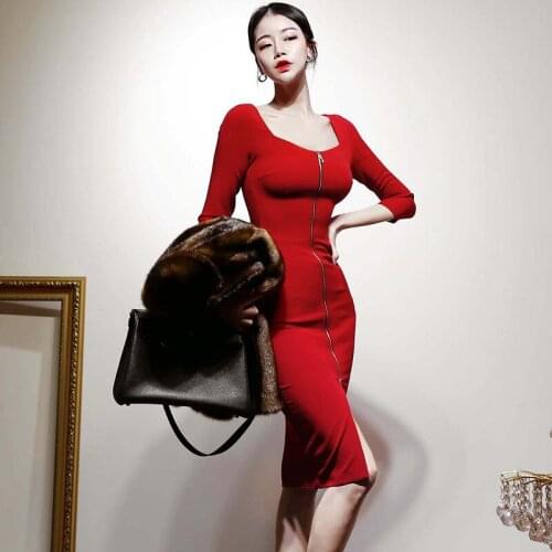 Fashion women new arrival OL Korean red Slim sexy formal dress zip comfortable spring work style basic pencil dress