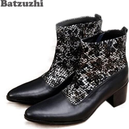 Batzuzhi 6.8CM High Heels Mens Boots Black Military Boots Mid-calf Cowboy Boots Men Leather Short Boots Men, Big Size 38-46