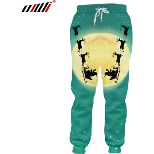 UJWI Man 3D Printed Santa Claus And Elk Pants Christmas Round Moon Landscape Clothing Best Selling Spandex Sweatpants