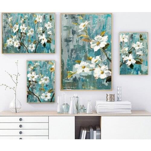 Canvas Printed Wall Art Poster Green White Flowers Lot Gift Painting Modern Home Decor Modular Pictures No Frame For Living Room