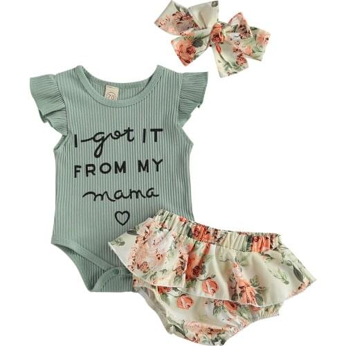 OPPERIAYA Newborn Baby Girls 3-piece Summer Outfit Set Fly Sleeve Letter Print Bodysuit Floral Ruffle Shorts bow Headband Set
