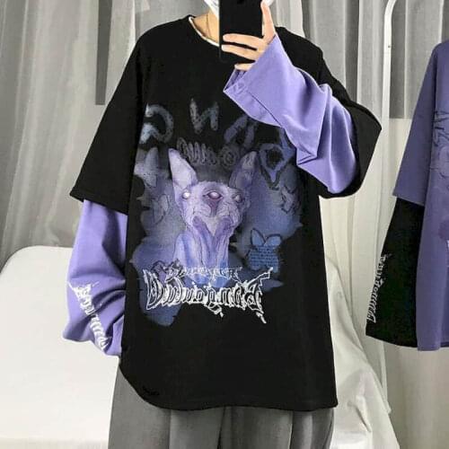 Autumn High Street Diablo Long Sleeved Men Fake Two Piece T-shirt Male Student Korean Loose Clothes Trendy Rock High Street Tops