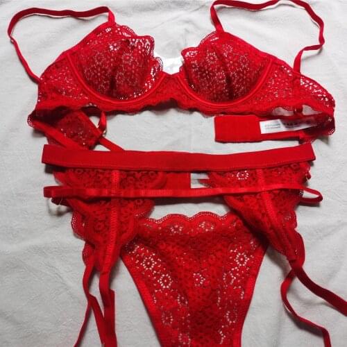 Sexy ultra-thin underwear see-through three-piece thong triangle cup bralette underwire garter belt t-pants temptation lingerie