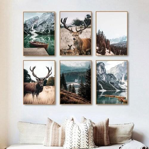 Scandinavian Snow Mountain Boat Canvas Art Poster Animal Deer Painting Nordic Forest Landscape Wall Art Print Picture Home Decor
